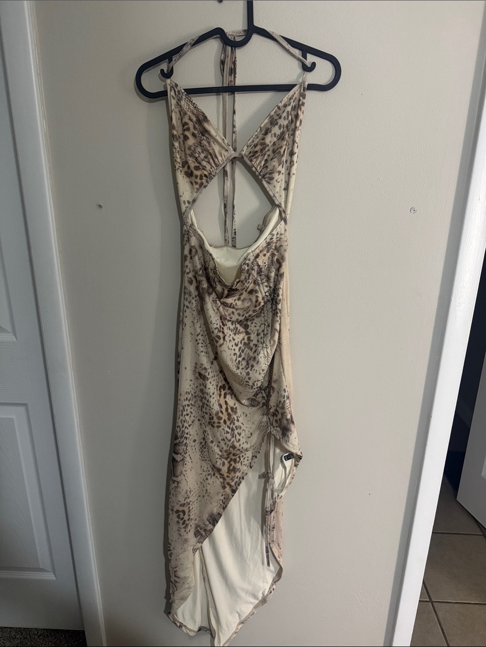 Beige Animal-Print High-Low Halter Dress